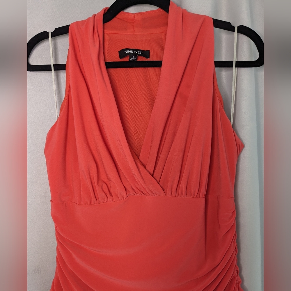 Nine West Fireglow Coral Sleeveless Ruched Halter Cocktail Dress V-Neck, Size: 8 - Picture 3 of 7